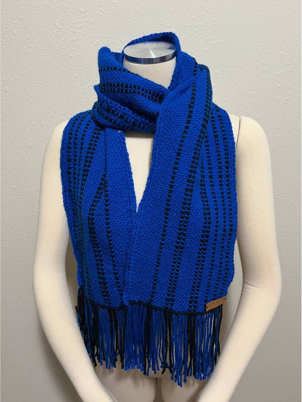 Handmade Royal Blue Scarf: Woven Fringe Unisex Shawl